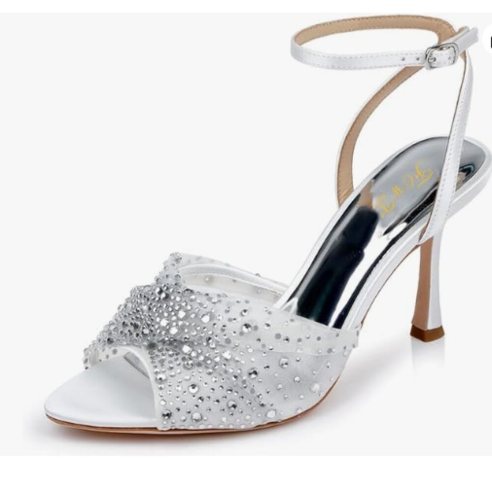 FOWT Silver Shiny Studded Rhinestone Open Toe Bride Sandal High Heel Buckle Shoe